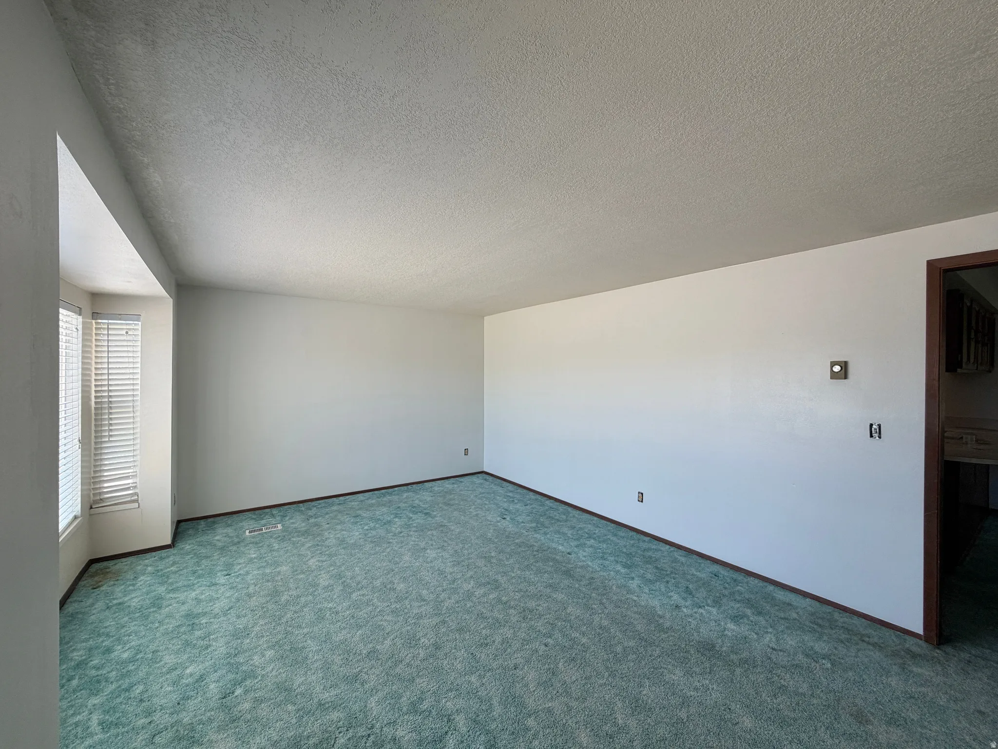 Spacious interior room featuring a bay window with blinds, light-colored walls, and green carpeting