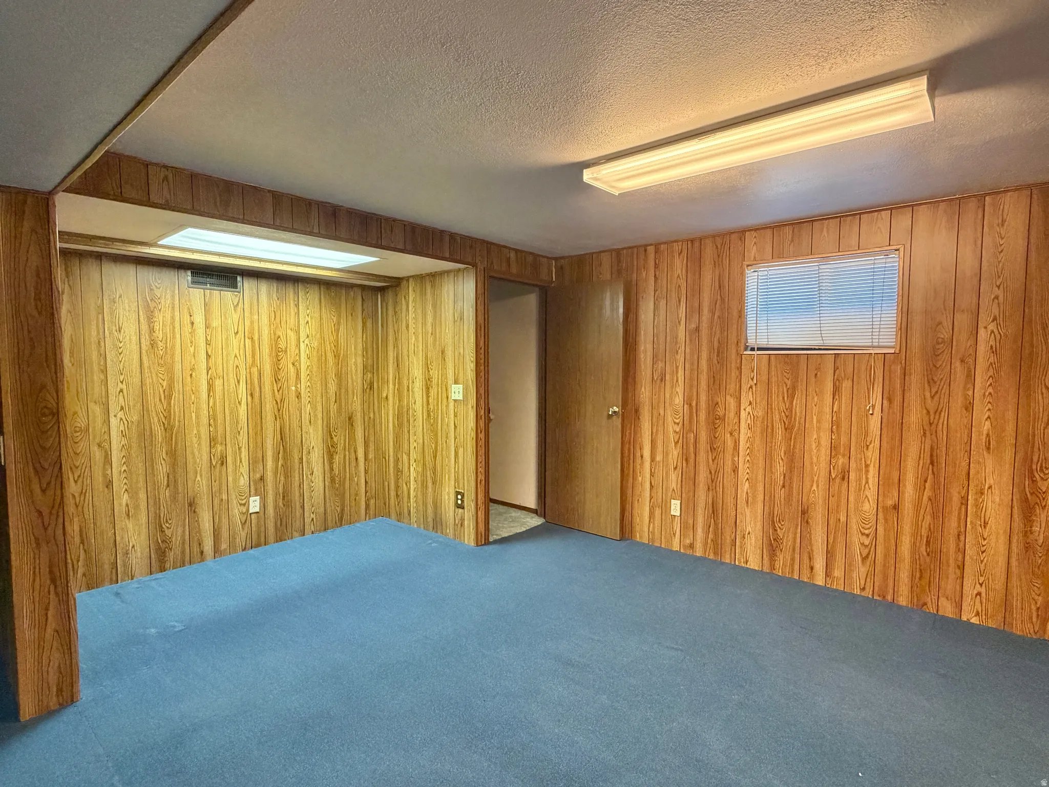 Expansive room featuring wood-panel walls, blue carpeting, and a drop ceiling with fluorescent lighting