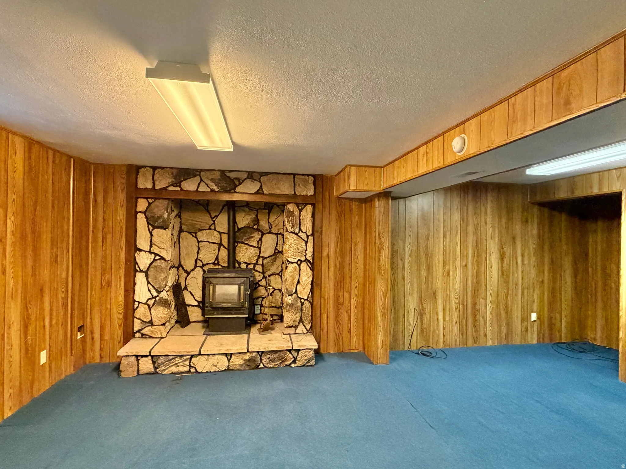 Room featuring a stone fireplace with a wood-burning stove and a stone hearth