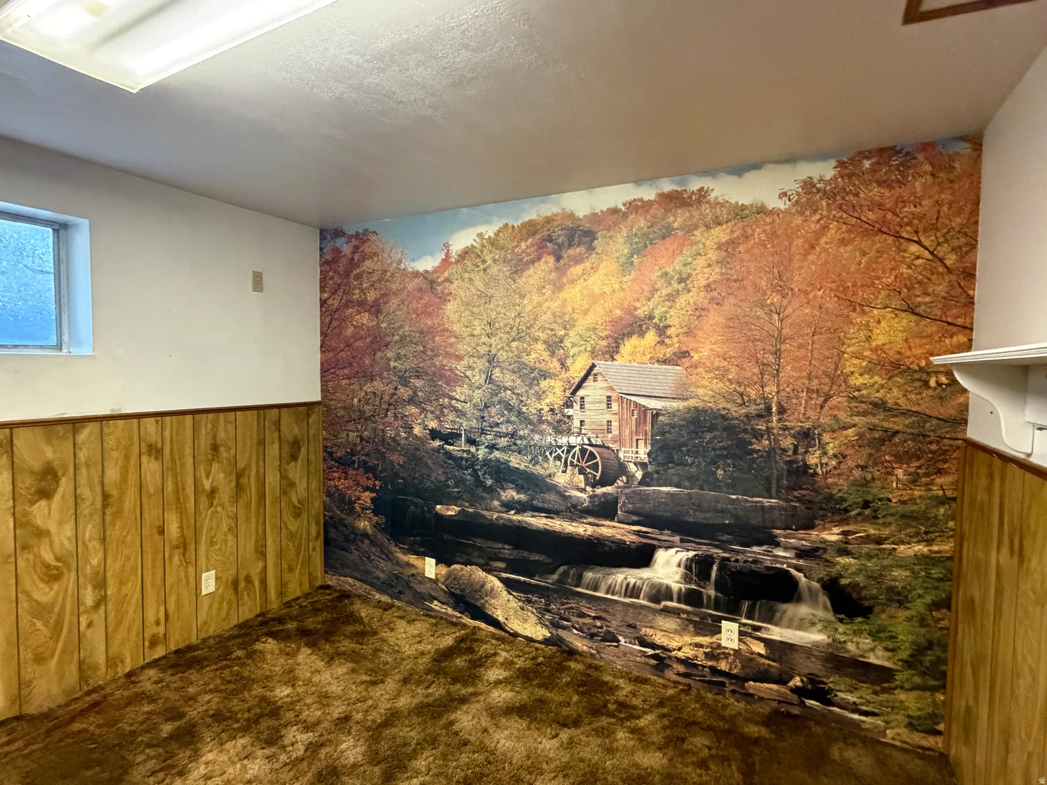 Accent wall featuring a scenic mural, wood-finish paneling, white painted walls, textured ceiling, and brown carpeting