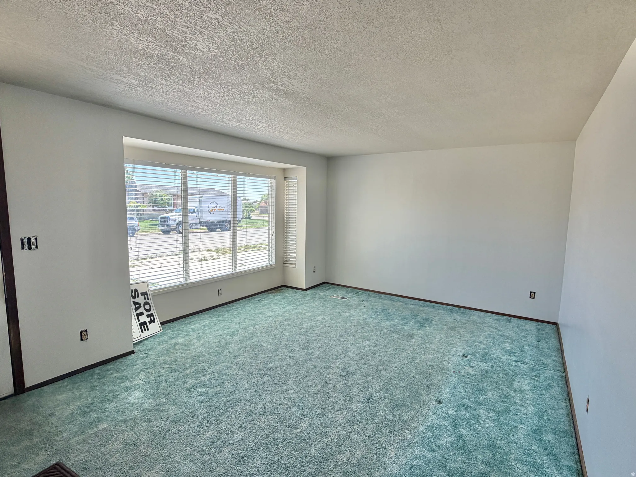 Spacious room featuring light teal carpeting, white painted walls, and a large bay window with horizontal blinds