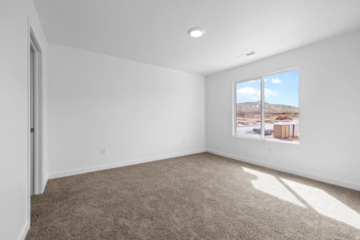 Spacious room featuring neutral carpeting, a large window, white walls, and a ceiling-mounted light fixture