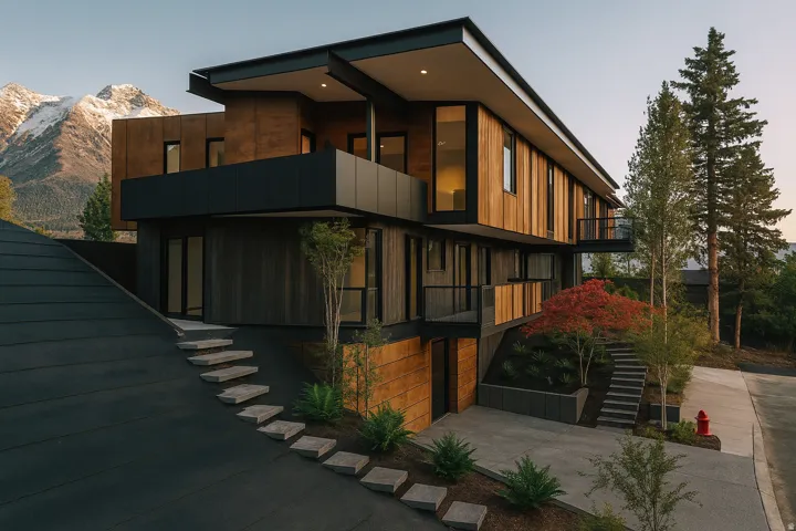 House is not on the property.  This image is a representation of a designed house solution that has already been building permitted.  Potential modern house,, contemporary multi-level residence featuring wood and dark corten panel siding, multiple balconi