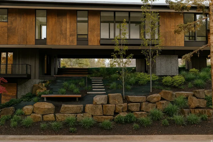 House is not on the property.  This image is a representation of a designed house solution that has already been building permitted.  Plans not included with purchase.  Potential modern house, with contemporary exterior featuring wood-finish paneling and