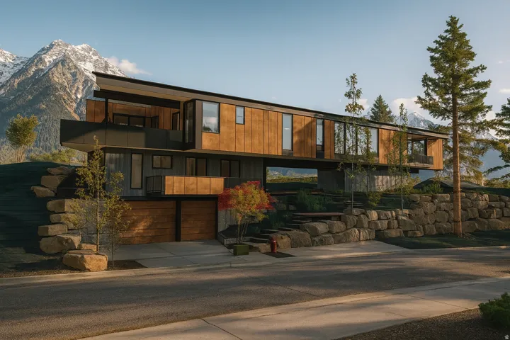 House is not on the property.  This image is a representation of a designed house solution that has already been building permitted. Potential modern architectural residence featuring multiple balconies, a flat roofline, wood-finish siding, and integrated
