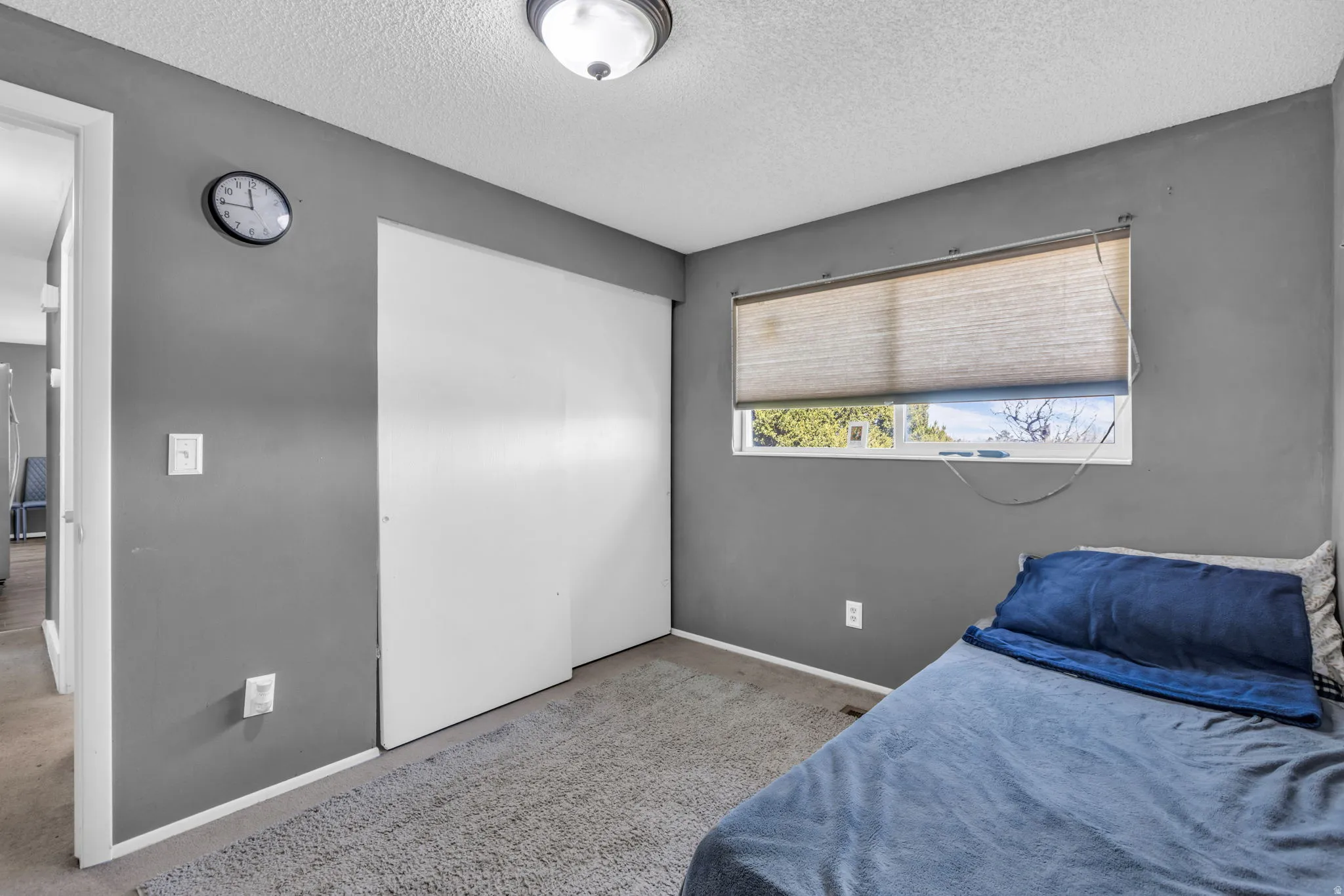 Carpeted room with a window featuring a roller shade, gray painted walls, a flush-mount ceiling light, and a white bi-fold closet door