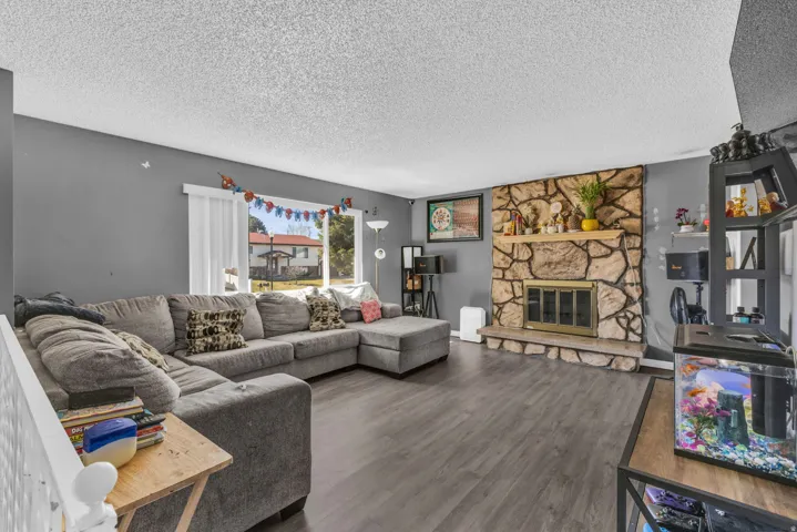 Living area featuring wood-finish flooring, a stone-clad fireplace with a hearth and mantel, and painted walls