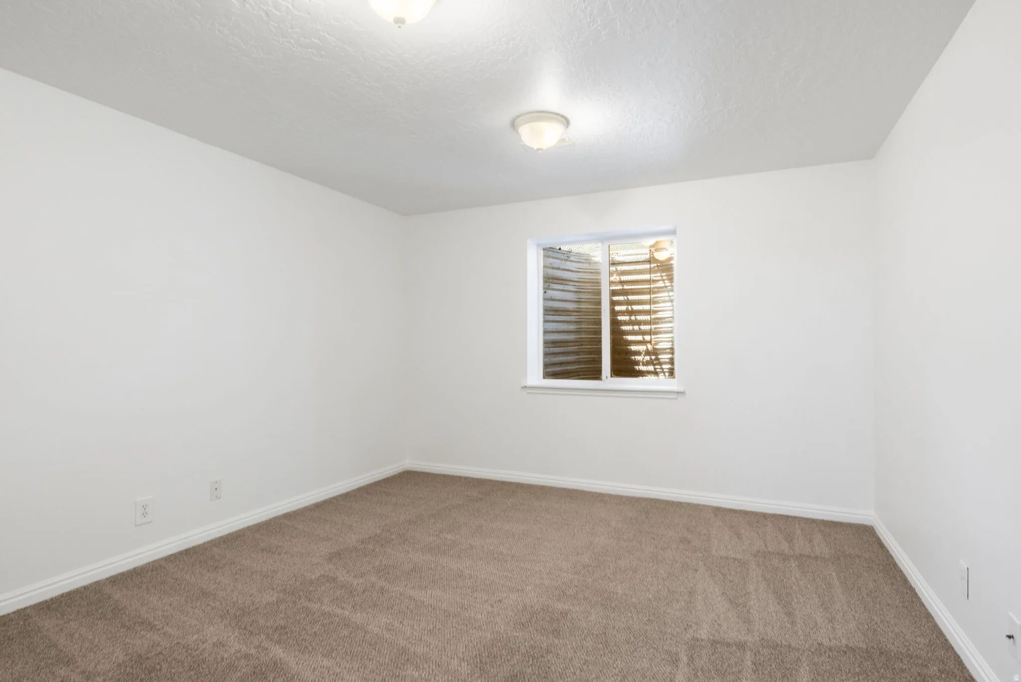 Neutral color palette featuring textured carpeting and white baseboards