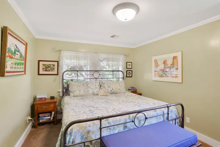 Bedroom featuring crown molding, a window with sheer curtains, a flush-mount ceiling light, and light green wall paint