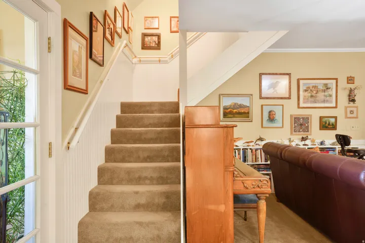Carpeted staircase with white wainscoting and handrail