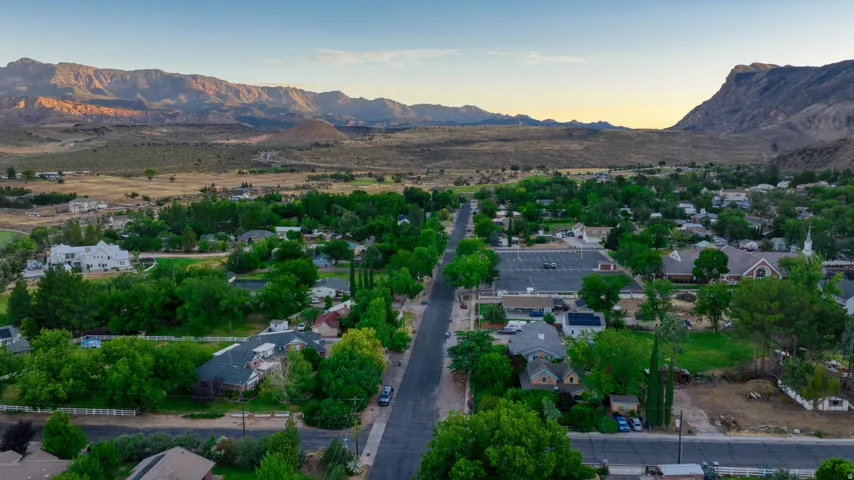 Aerial perspective showcasing a residential area featuring mature tree coverage, a paved road, and varied architectural styles