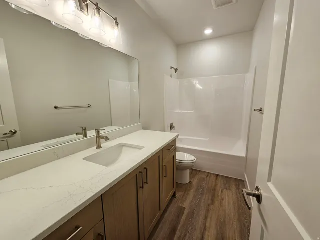 Vanity with integrated sink, stone-finish countertop, and wood-finish cabinetry