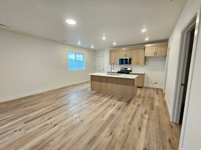 Open-concept living area with wood-finish flooring, a kitchen island with integrated sink, stainless steel appliances, light wood cabinetry, and recessed lighting
