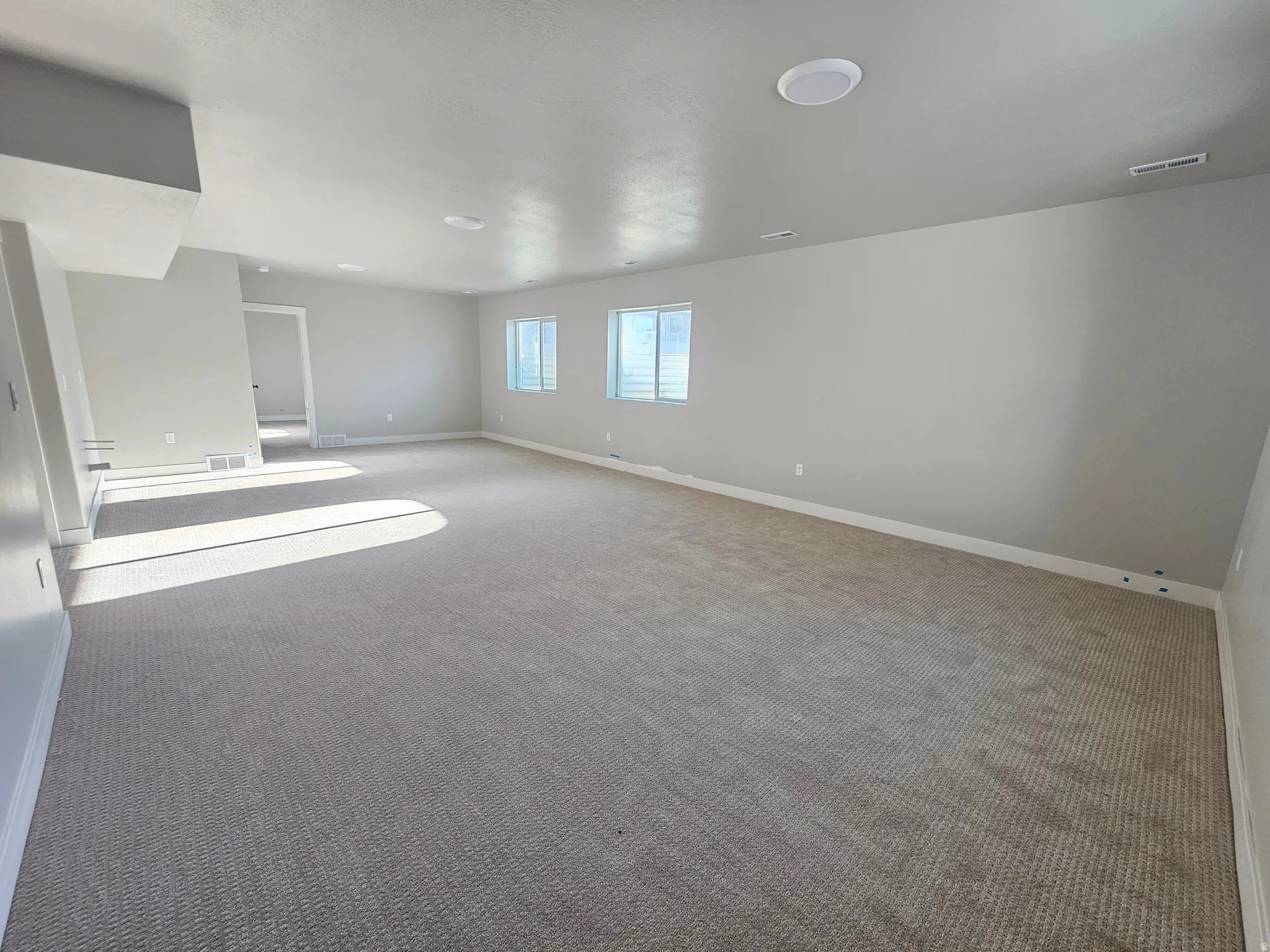 Spacious room featuring neutral carpet flooring, light gray wall paint, three windows with blinds, and white trim molding