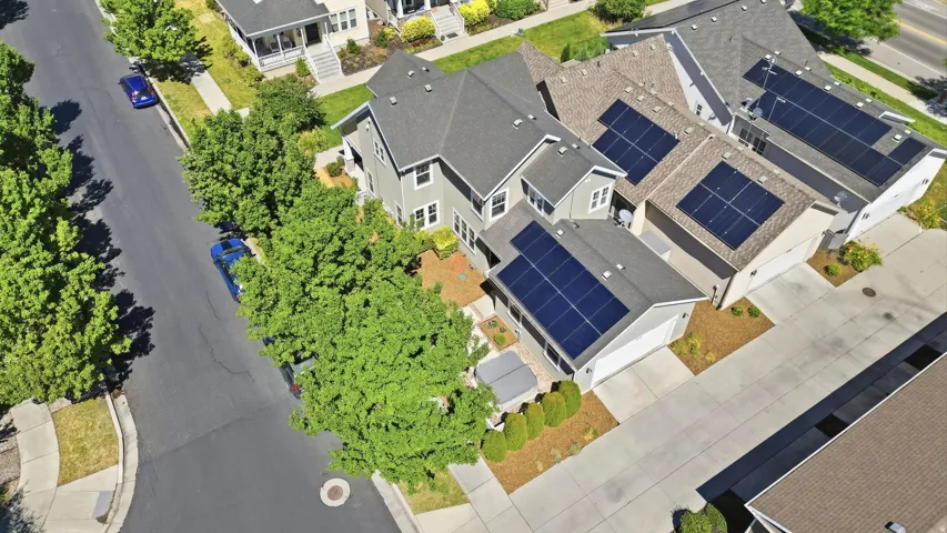 Aerial perspective showcasing a residential street lined with mature trees