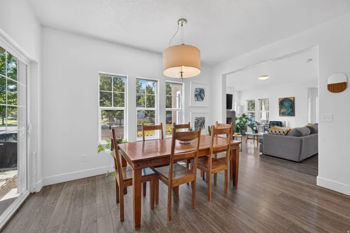 Open-concept dining area featuring wood-finish flooring, a contemporary drum pendant light fixture, multiple windows, and a sliding glass door
