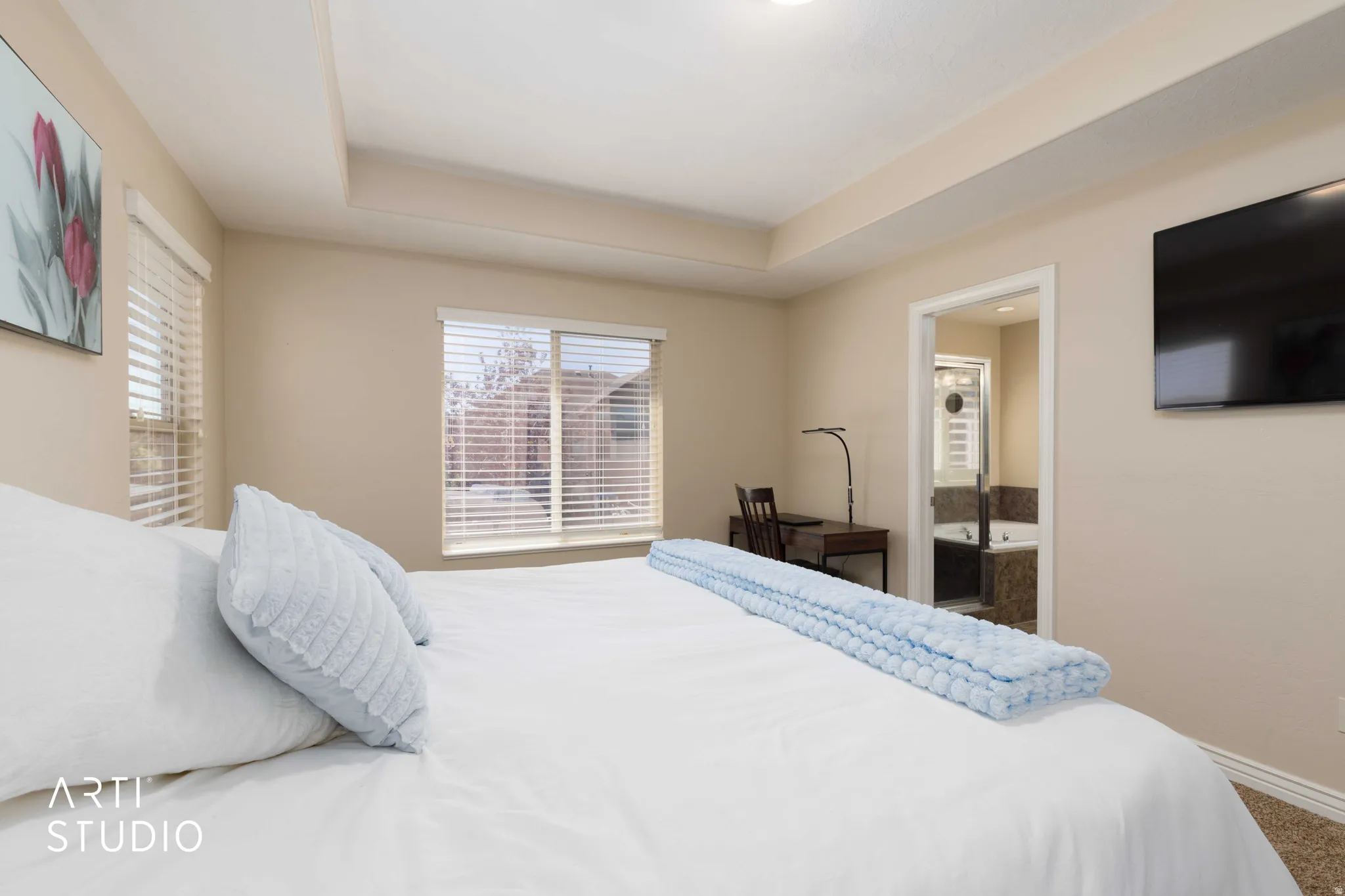 Bedroom featuring tray ceilings and two windows with blinds