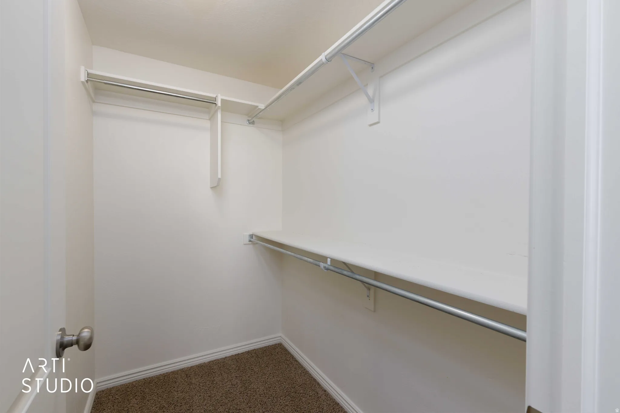 Walk-in closet featuring white painted walls, shelving, clothing rods, and carpeting