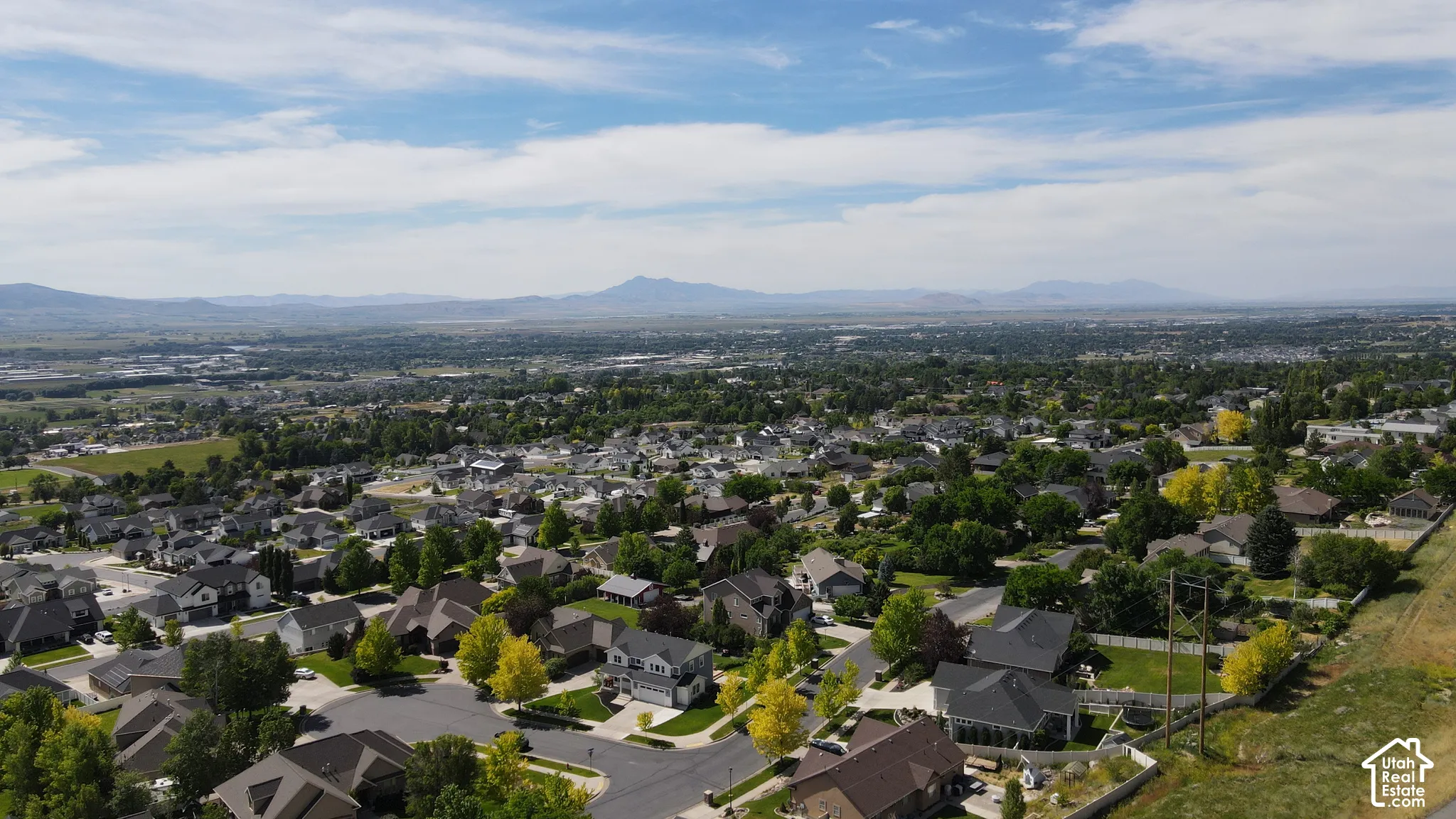 Expansive residential landscape featuring multiple single-family homes, mature trees, and mountainous terrain in the distance