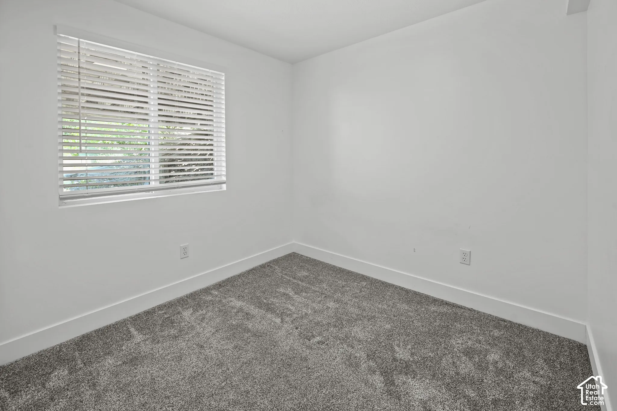 Room featuring neutral tone walls, grey carpet flooring, and a single window with horizontal blinds