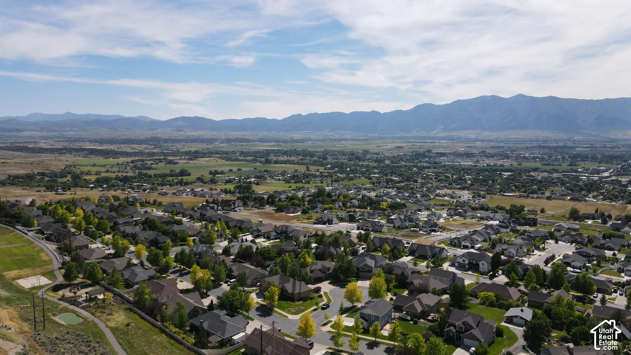 Expansive residential area featuring numerous single-family homes, mature trees, and paved streets, all set against a backdrop of distant mountains and open fields under a blue sky