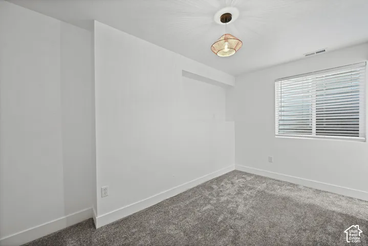 Carpeted room featuring a single window with horizontal blinds, a ceiling-mounted light fixture, and white baseboards