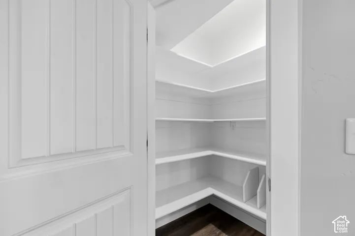 Pantry with multi-level shelving, recessed lighting, and wood-finish flooring