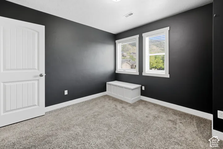 Room featuring dark wall paint and light gray carpet