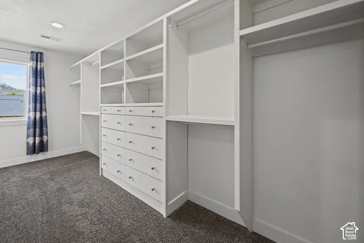 Custom built-in white cabinetry featuring multiple drawers with black hardware, open shelving, and hanging rods