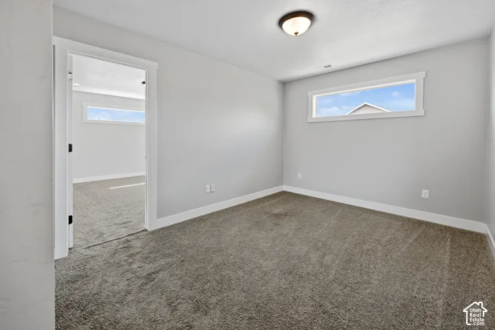 Carpeted room with a horizontal transom window, white trim, light gray walls, and a semi-flush mount ceiling light fixture