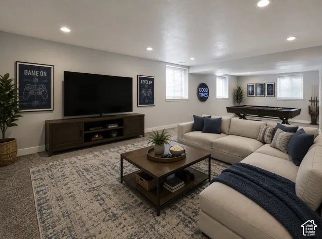 Spacious recreational area featuring recessed lighting, carpeting, multiple windows with blinds, a billiards table, and a media console