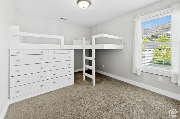Room featuring a built-in loft bed with integrated dresser storage, a ladder for access, carpet flooring, and a large window with white blinds