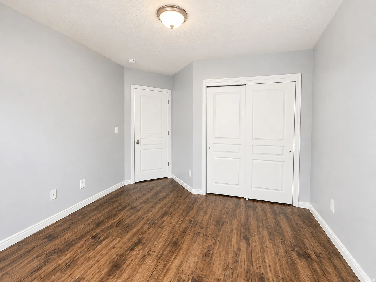 Spacious room featuring wood-finish flooring, light grey walls, white trim, and a ceiling light fixture