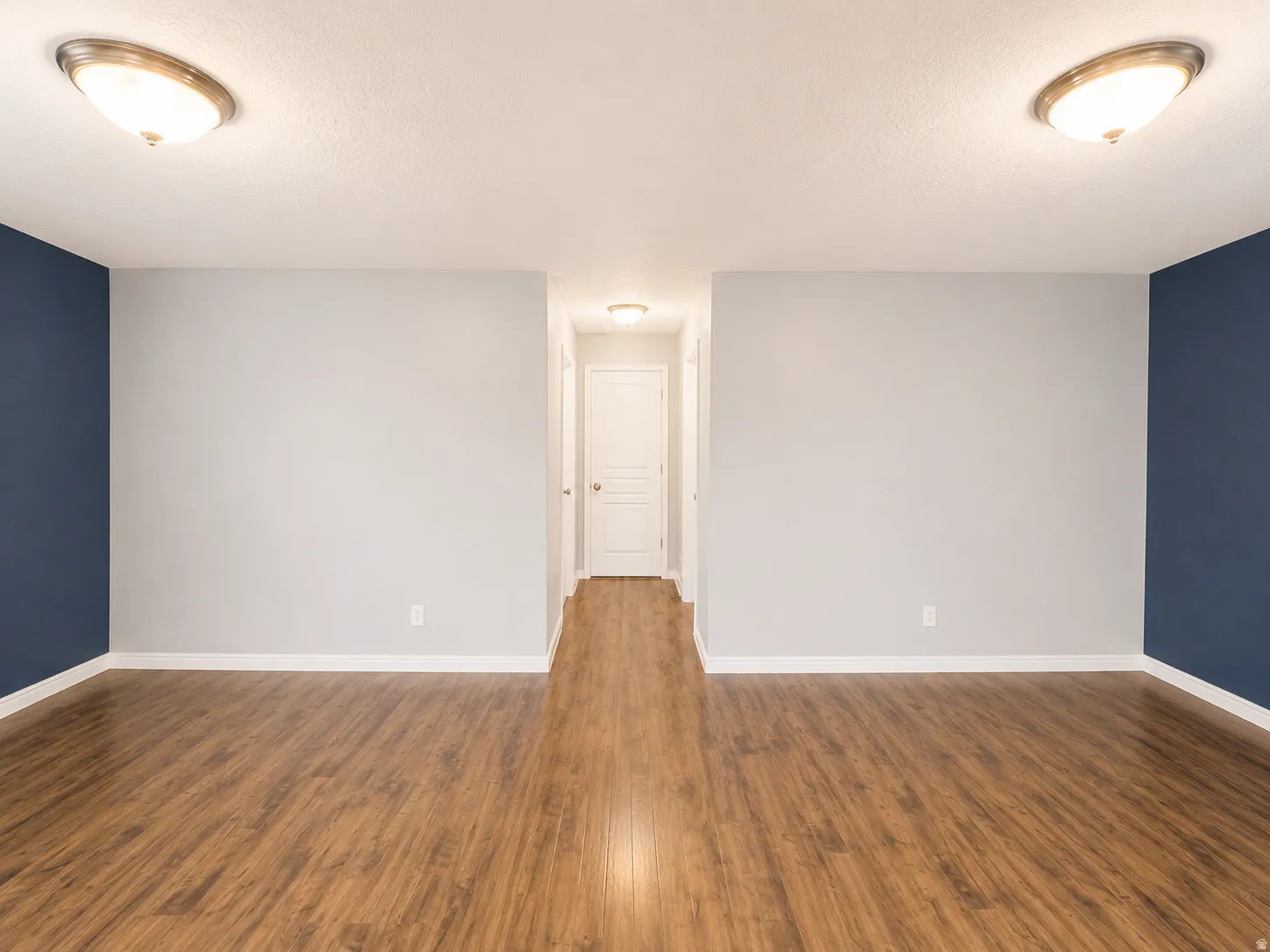 Room featuring wood-finish flooring, light gray walls with contrasting accent walls, white trim, and ceiling-mounted dome light fixtures