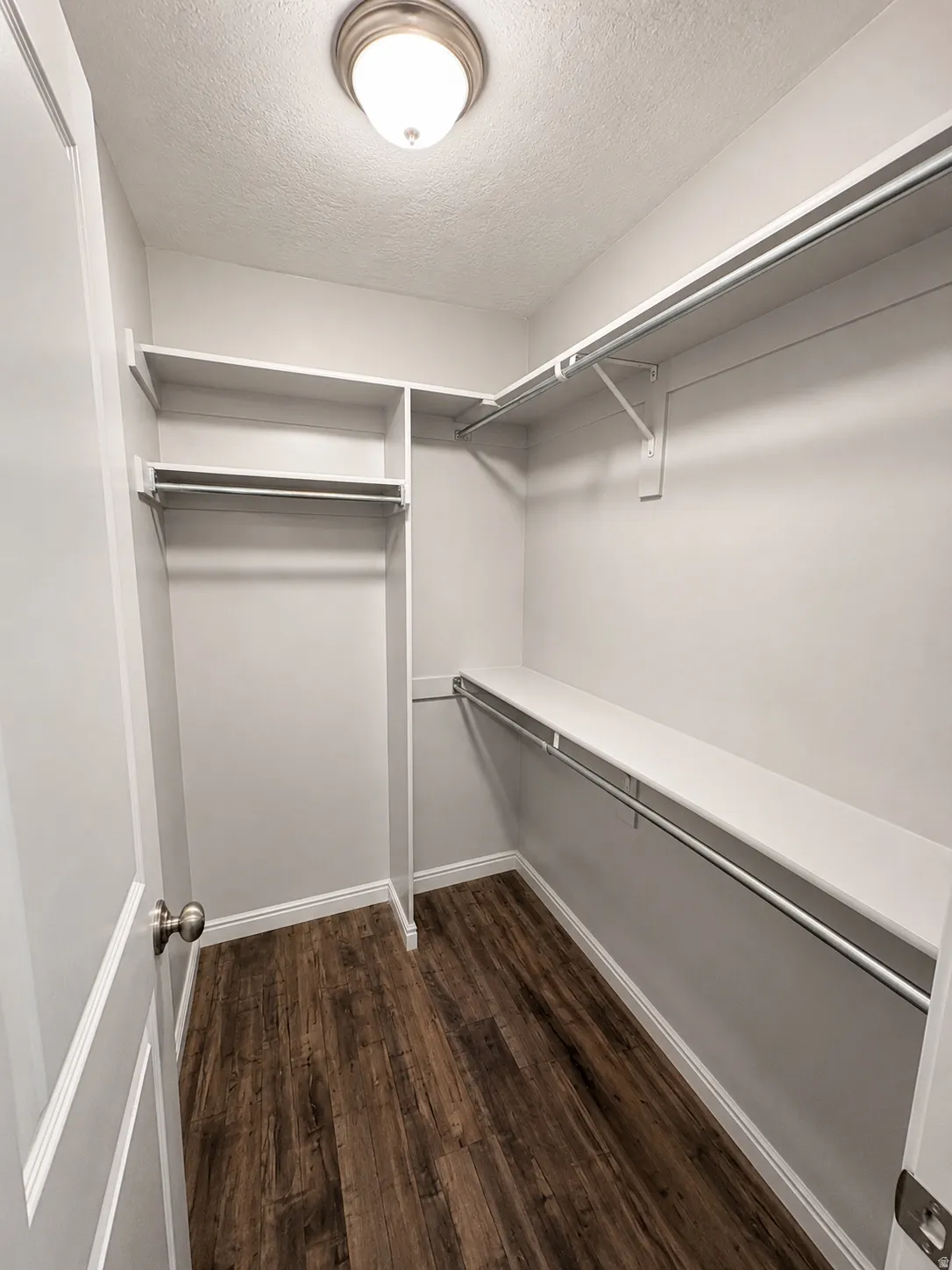 Walk-in closet with wood-finish flooring, white built-in shelving, white baseboards, and a semi-flush mount ceiling light