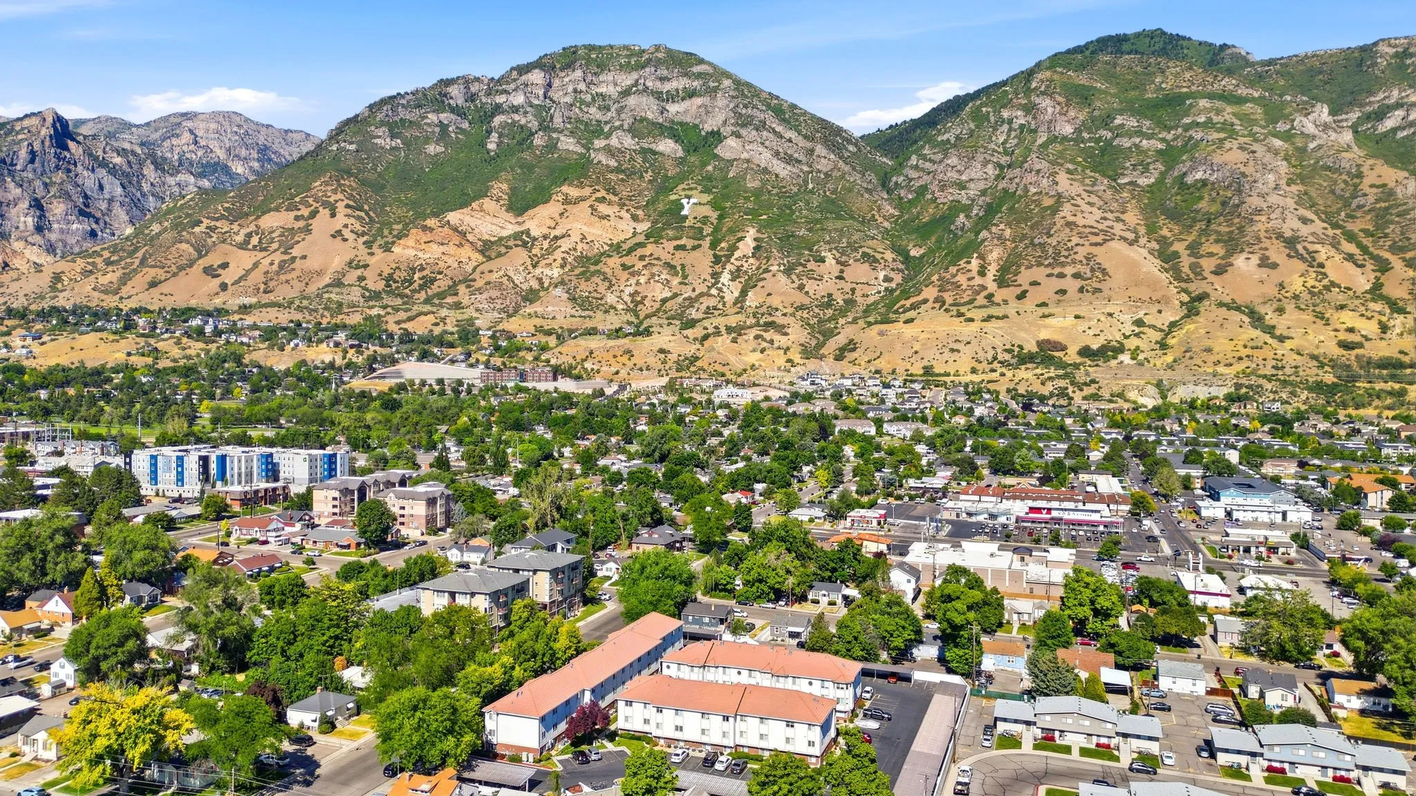 Expansive aerial perspective showcasing a mountainous backdrop, a verdant urban landscape with mature trees, a mix of residential structures, and commercial buildings