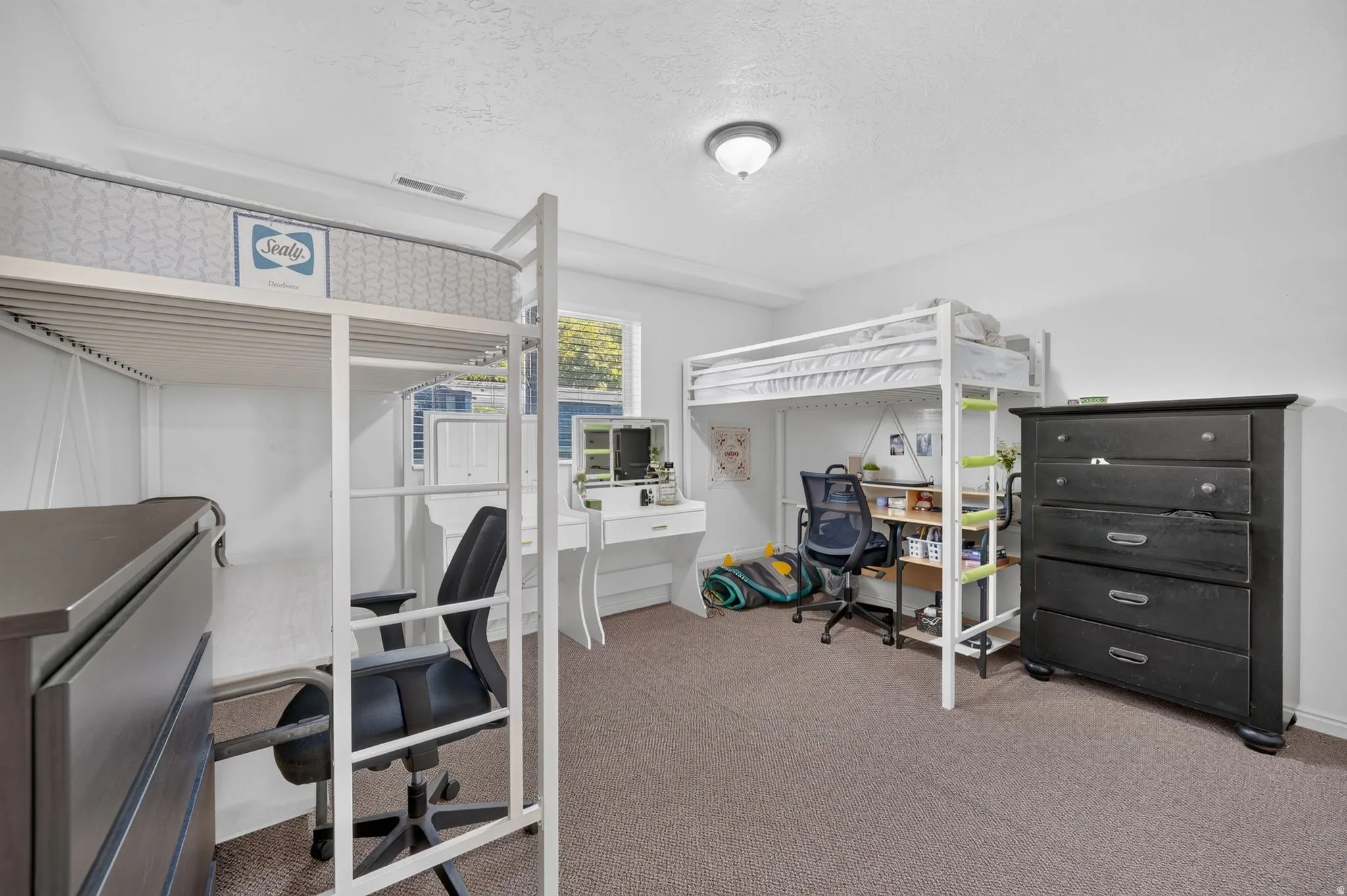 Carpeted room with white painted walls and a ceiling-mounted light fixture