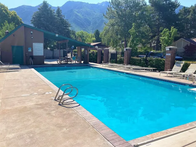 Rectangular swimming pool with concrete decking and brick coping