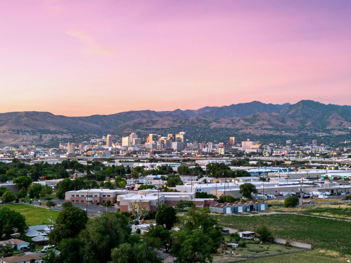 Mountain backdrop, cityscape, and residential area