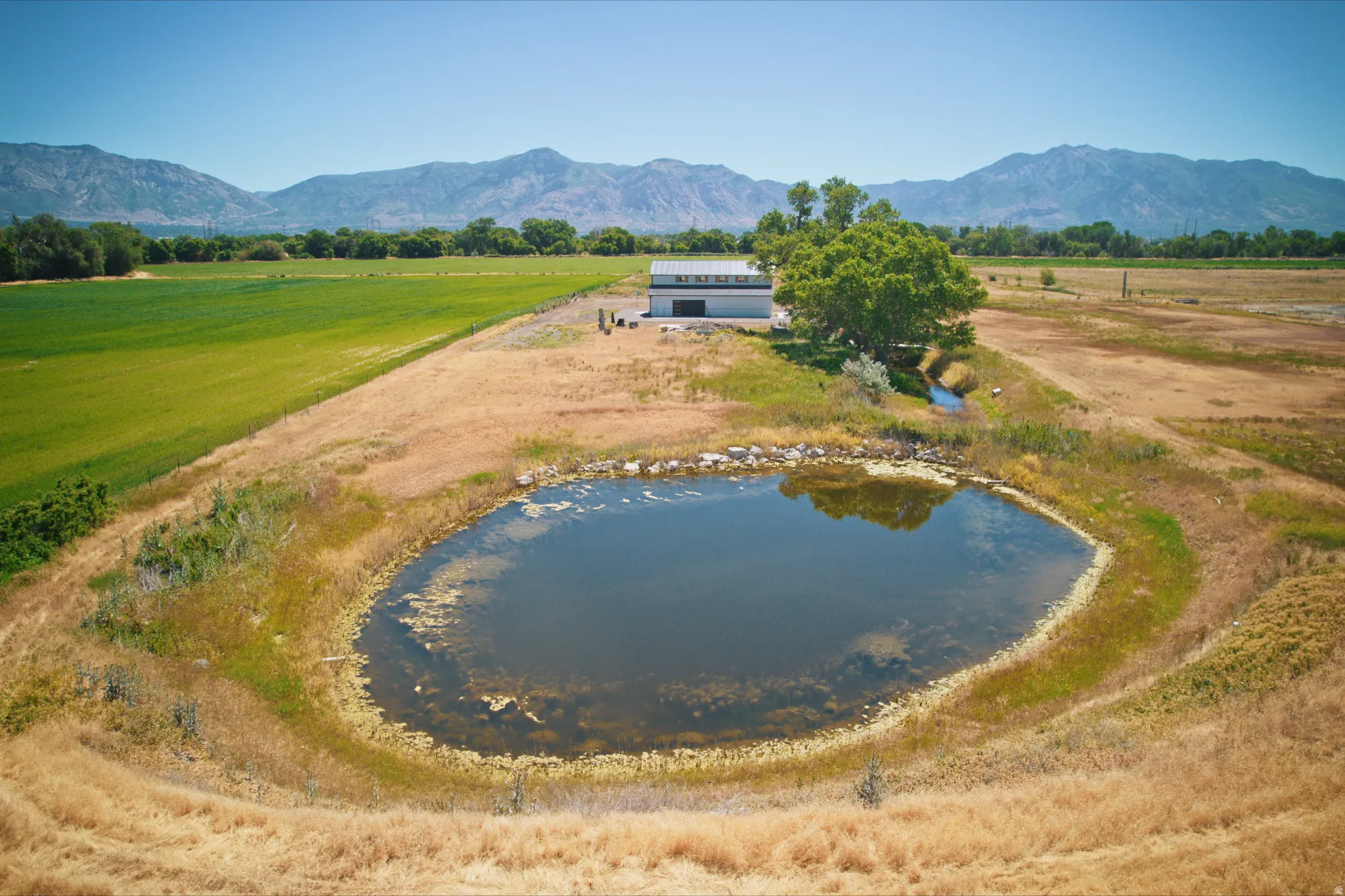 Property featuring a private pond, large field, and distant mountain backdrop