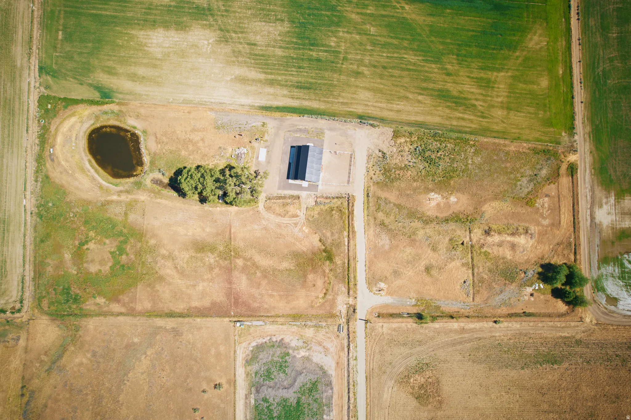Aerial perspective showcasing expansive acreage with a central rectangular building, a circular pond feature, and a cluster of mature trees