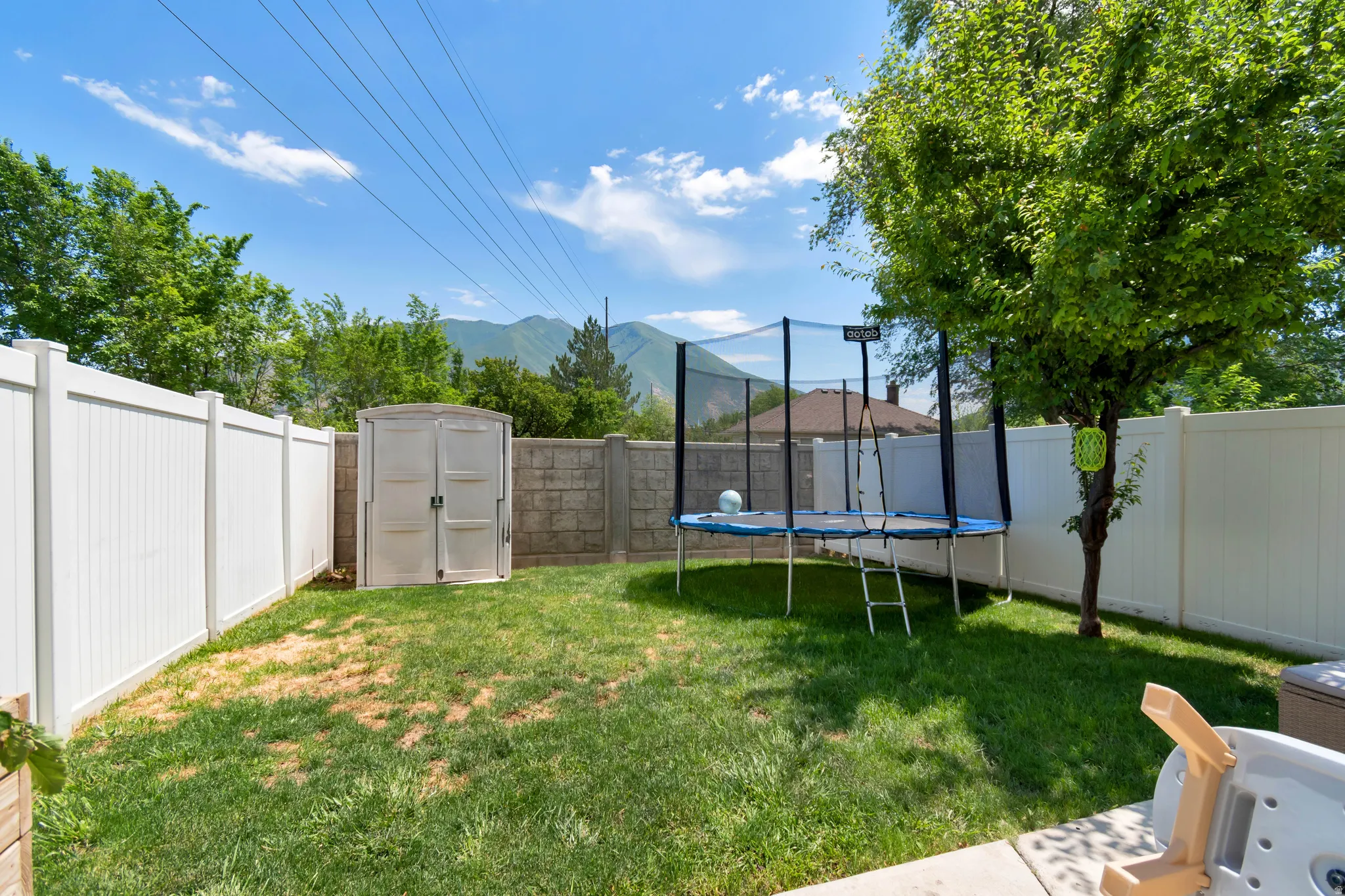 Expansive backyard featuring a manicured lawn, established shade tree, and privacy fencing