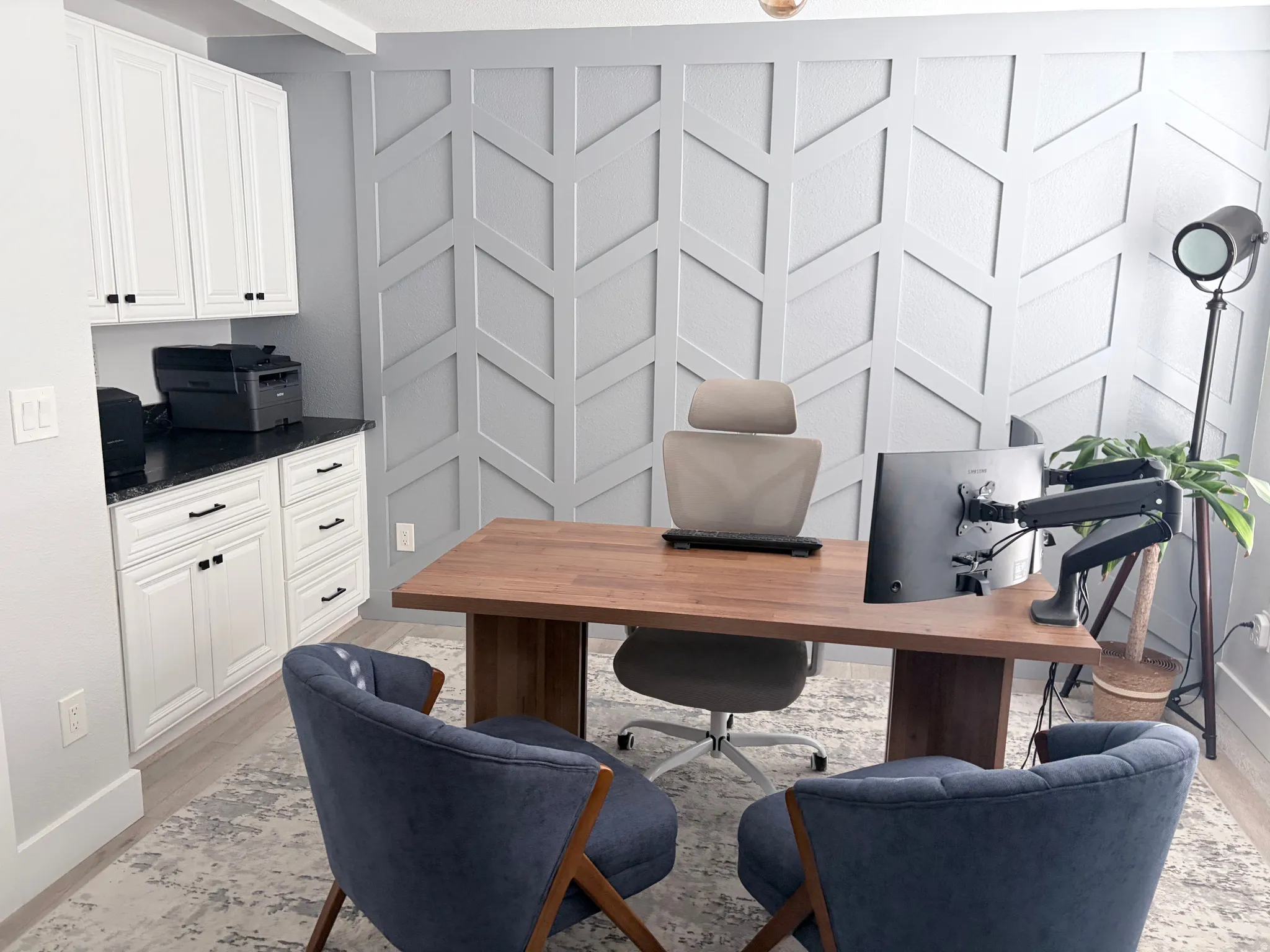 Custom accent wall with geometric paneling