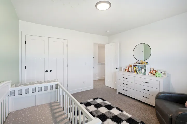Recessed lighting illuminates a carpeted room featuring a double-door closet with black hardware
