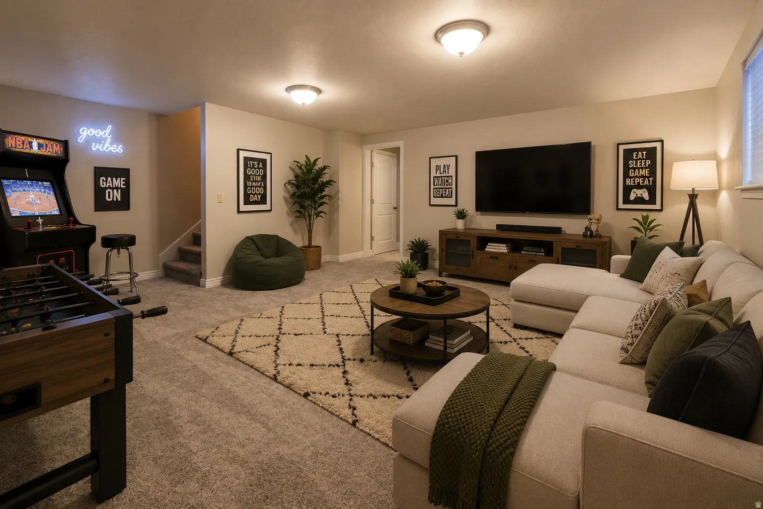 Digitally staged family room.