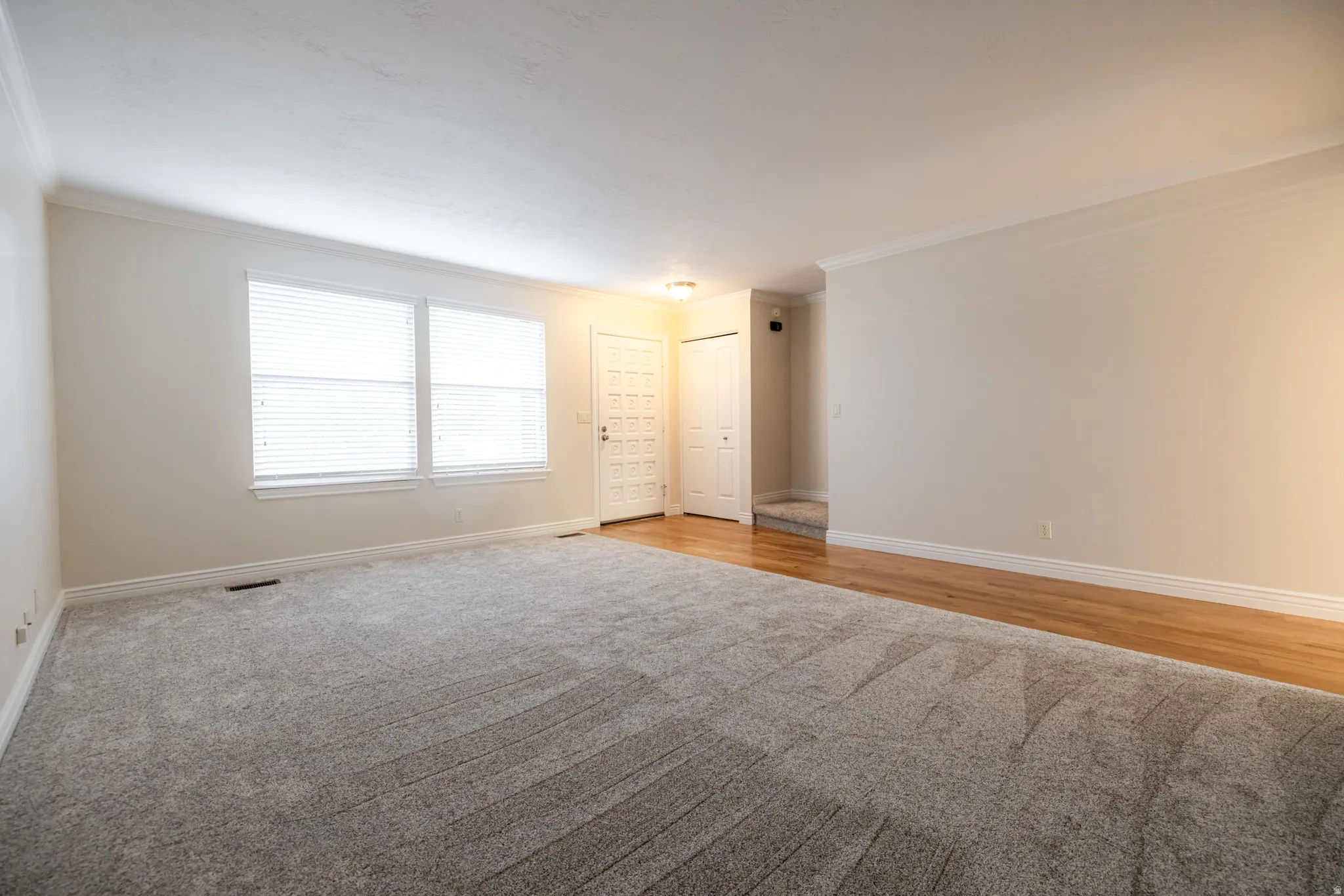 Spacious living area featuring new carpeting and natural wood-finish flooring