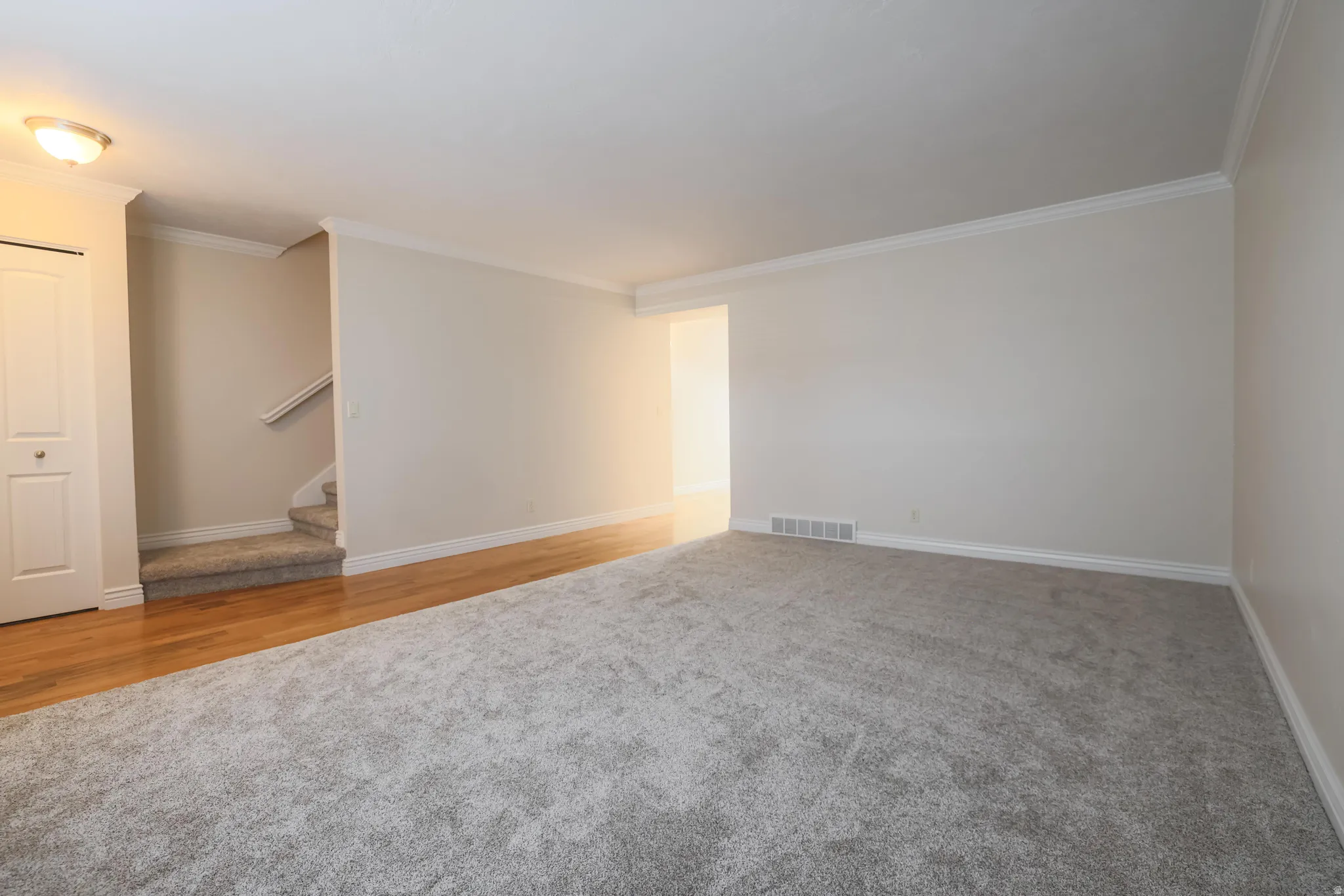 Spacious room featuring new carpeting and wood-finish flooring
