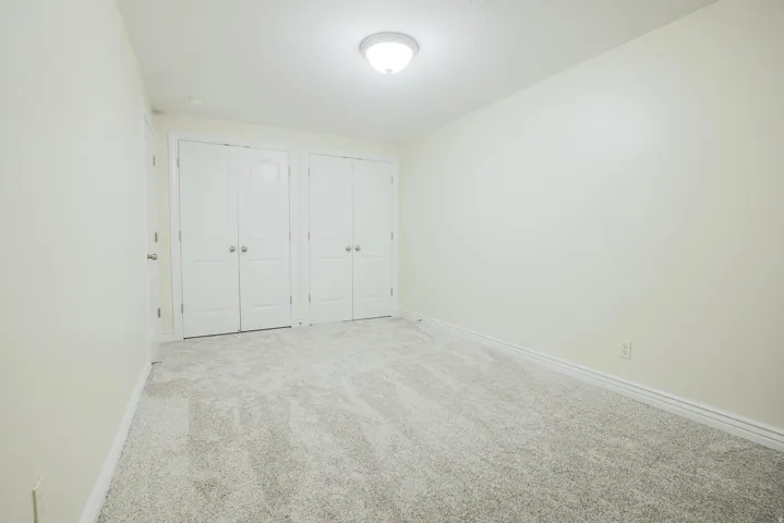 Neutral wall colors, light-toned carpet, and a flush mount ceiling light fixture