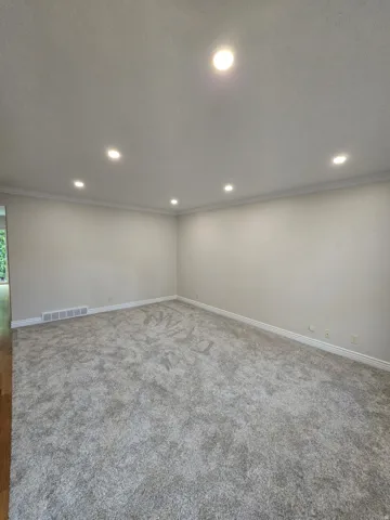 Newly installed Recessed lighting, light-toned walls, and plush carpeting