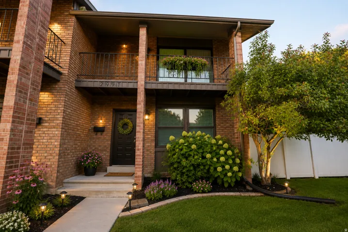 Digitally enhanced. Brick facade featuring a second-story balcony with iron railing